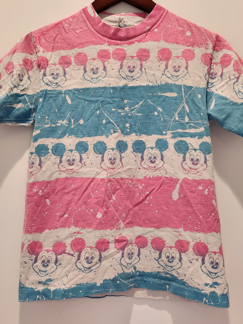 Vintage Disney Pink & Blue Mickey Mouse All Over Print Stripe Tee One Size